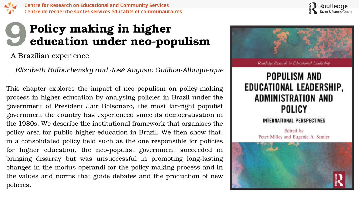 CRSEC_CRECS's tweet photo. Chapter 9 by Elizabeth Balbachevsky (@Balbasky22) and Jose Augusto Guilhon-Albuquqe (@jaguilhon) explore the impact of neo-populism on policy-making in Brazilian higher education under the government of President Bolsonaro.

https://t.co/2FotUsYlwo https://t.co/Ogm9EAv68o