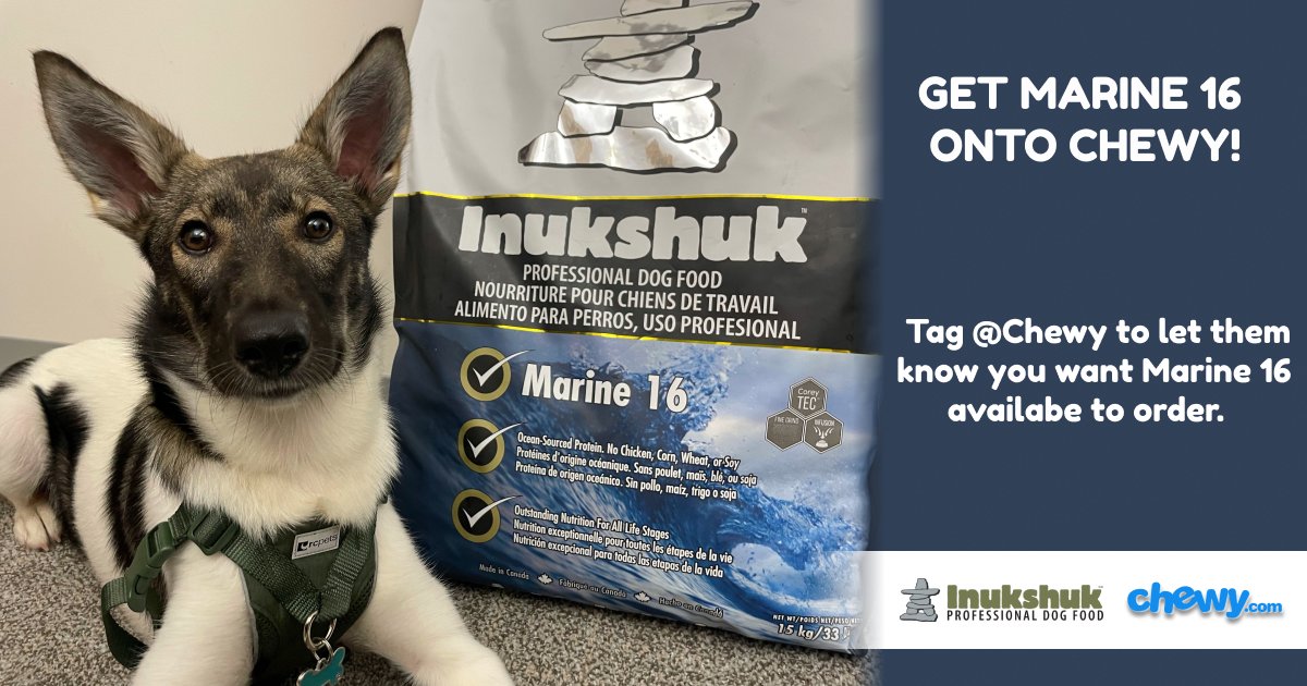 We are working hard to get Marine 16 into your hands through Chewy. ⁠
⁠
If your dogs enjoy our food, please consider requesting Marine 16 by sharing this, and tagging <a href="/Chewy/">Chewy</a>! You can also reach out at service@chewy.com to request a product. ⁠

Let's get Marine 16 on Chewy!⁠
