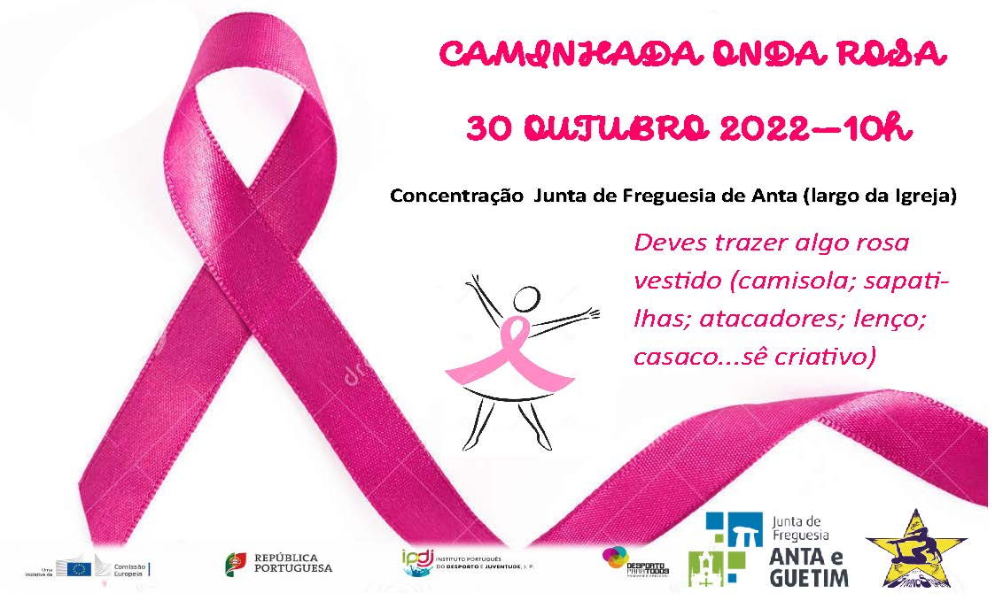 Caminhada Onda Rosa 2022 | Participe| 30 de outubro | 10h00 | Concentração na Junta de Freguesia de Anta (Largo da Igreja de Anta).
Nota: Deve trazer algo rosa vestido (camisola, sapatilhas; atacadores; lenço; casaco.. seja criativo! 
Saiba mais: bit.ly/3SZdoTL
#espinho