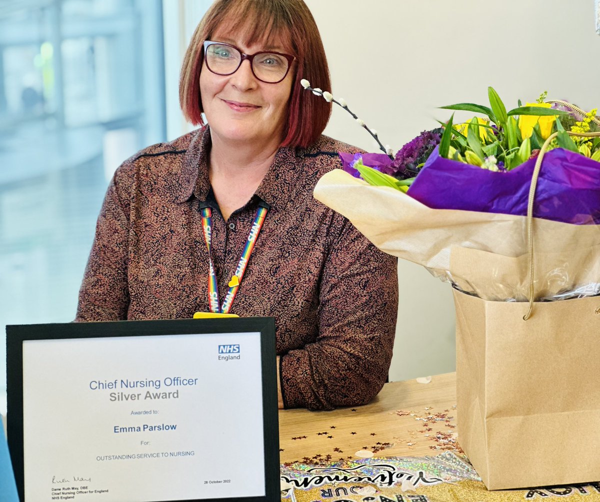 Today we said a fond @NorthBristolNHS farewell & happy retirement to Emma, thank you for your incredible 35 years of nursing service & leadership to our patients & colleagues. BIG thanks to @charlottemcardl for presenting Emma with a @CNOEngland Silver award #NBTProud