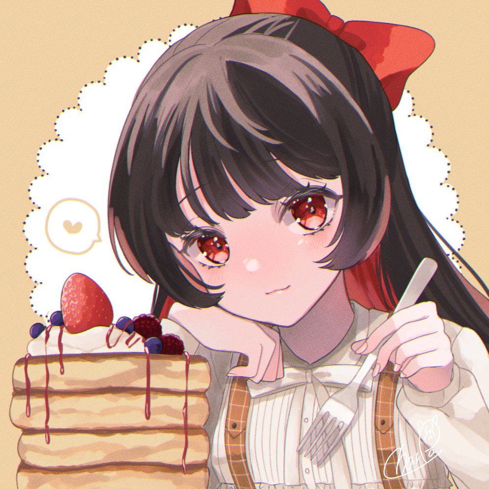 1girl pancake solo bow food heart red eyes  illustration images