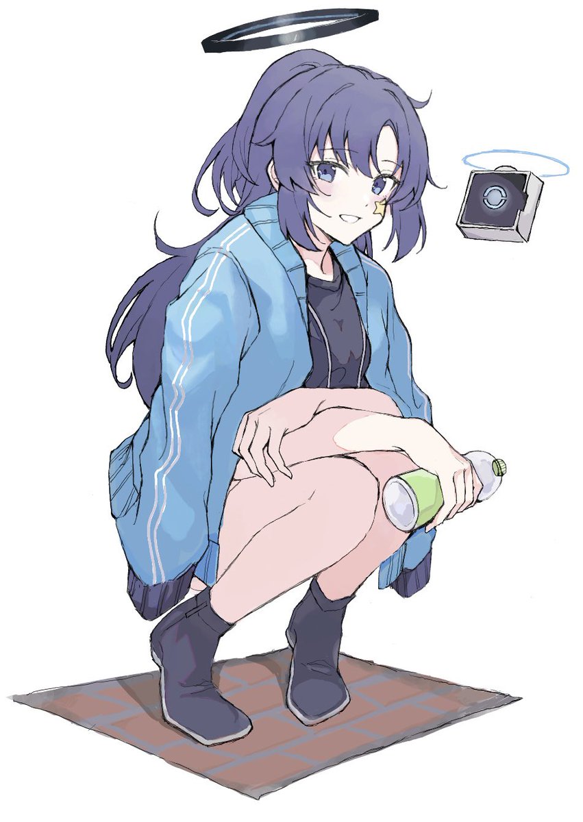 yuuka (blue archive) 1girl halo jacket squatting solo bottle white background  illustration images
