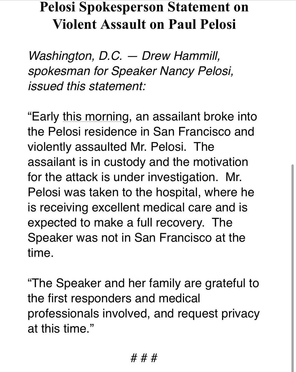 BREAKING — ⁦@SpeakerPelosi⁩’s husband was “violently assaulted” in the couple’s San Francisco home, her office says.