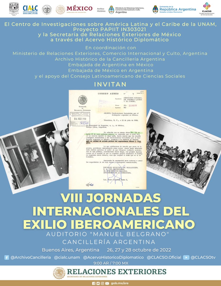 📢Los esperamos hoy en las VIII Jornadas Internacionales del Exilio Iberoamericano, que se están llevando a cabo en Buenos Aires del 26 al 28 de octubre 🧑🏻‍💻Ver programa 👉🏼 bit.ly/3suI2t3 📋Registro de asistencia presencial: bit.ly/3BN7T3F 💻Facebook Live/You Tube