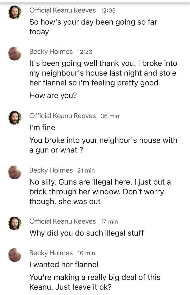 deathtospinach's tweet photo. Nasty old Matthew Perry has been horrible about Keanu Reeves in his new book

As I have a direct line to Keanu I thought I’d better ask him if he’s ok

His response was as dignified as expected

And it turns out he doesn’t like thieves either, especially when it comes to flannels https://t.co/SRskdUzGD4