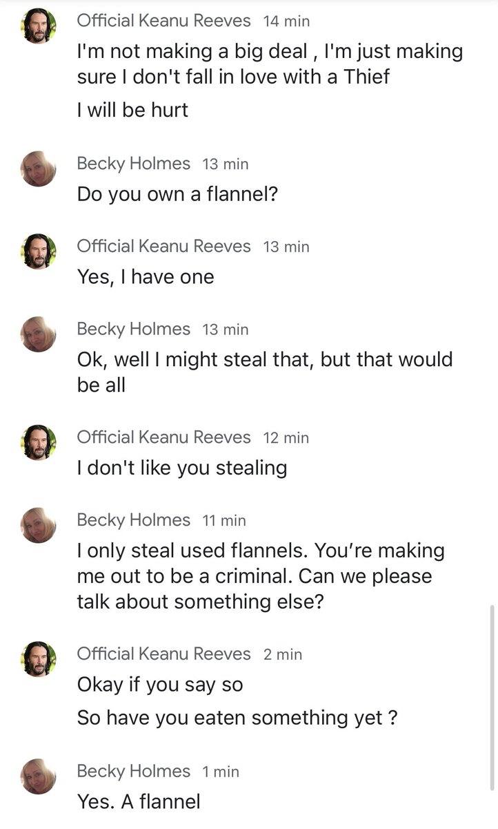 deathtospinach's tweet photo. Nasty old Matthew Perry has been horrible about Keanu Reeves in his new book

As I have a direct line to Keanu I thought I’d better ask him if he’s ok

His response was as dignified as expected

And it turns out he doesn’t like thieves either, especially when it comes to flannels https://t.co/SRskdUzGD4