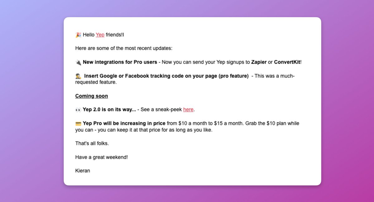 Just sent Yep product update #7 to 890 people! Short and sweet this time, but I did include a call-to-action to encourage switching to pro.