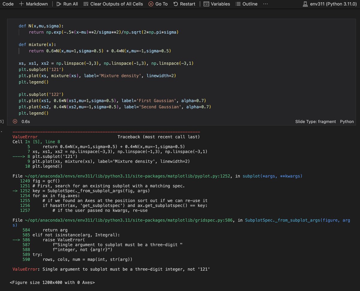 jkarpin2's tweet photo. Another Python 3.11 plot issue.
Easy to correct by making the subplot value an integer.
Works fine in Python 3.8.5
🤔🤔🤔
#Python #python3 #pythonprogramming #Python311 #code #programming #programmer #pythoncode https://t.co/D3QkgSooPb
