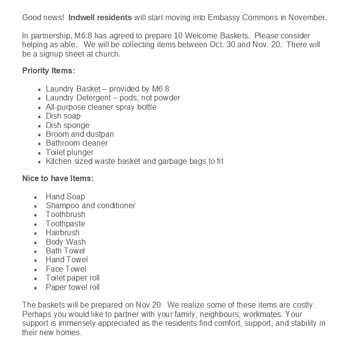 695riverside's tweet photo. @IndwellCA residents will start moving into Embassy Commons in November. M6:8 has agreed to prepare 10 welcome baskets and will be collecting items between Oct 30 and Nov 20. Please see picture for more details.

#ldnont #UCCan https://t.co/YoxIsiadmO