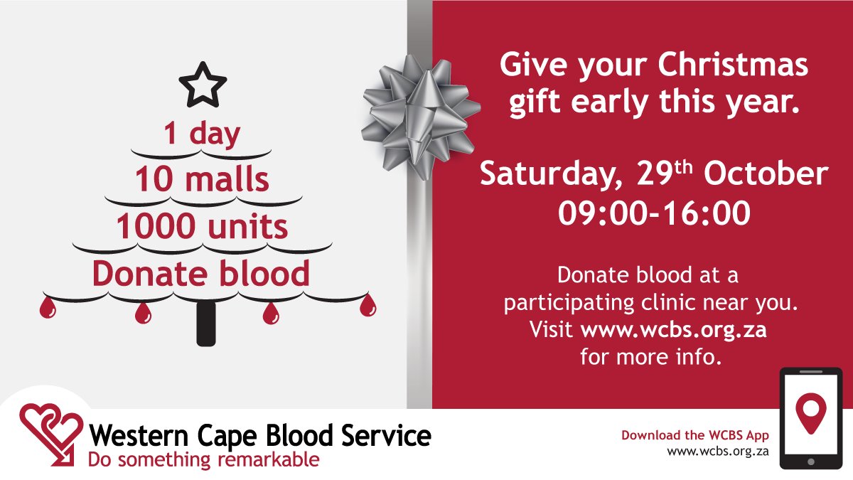 KFMza's tweet photo. 29 October is @The_WCBS' next big blood donation challenge: 1 Day, 10 Malls, 1000 Units of Blood!
Donate at 10 participating malls across Cape Town.
More info: https://t.co/NZHig0lyF2
#DoSomethingRemarkable, donate blood.
#1day10malls1000unitsofblood
#WesternCapeBloodShortage https://t.co/7pissLzdAn
