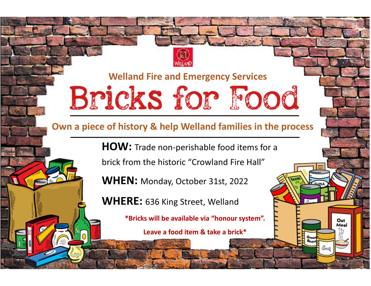 WellandFire's tweet photo. FIRE HALL DEMOLITION &amp; FOOD DRIVE
Welland Fire and Emergency Services would like to invite anyone interested in viewing the demolition of the old "Crowland Fire Hall"  to join us at 636 King Street on Monday, October 31st @ 12pm. 

1 of 3 https://t.co/5qZzCJywOs