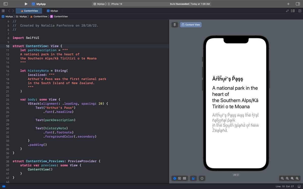 natpanferova's tweet image. To quickly check which strings are localizable in our SwiftUI app and make sure we are not missing any, we can preview our UI in the Accented Pseudolanguage available in scheme settings in Xcode. Strings shown without accents are not localizable.