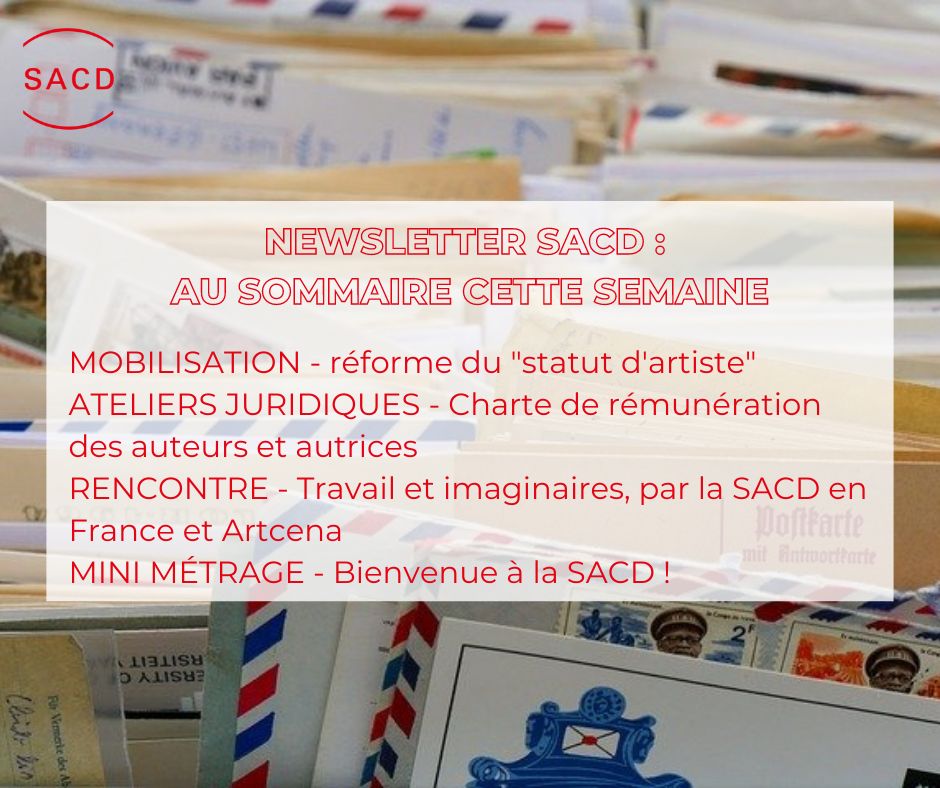 Formation, rencontre, droit d'auteur... que faut-il savoir cette semaine ? Réponse dans la #Newsletter de la SACD ! 
Vous n'y êtes pas encore abonné.e ? C'est ici que ça se passe : sacd.be/fr/article