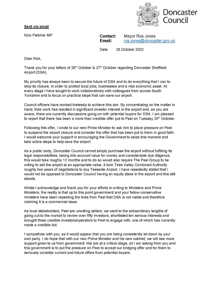 MayorRos's tweet image. It is a shame that we seem to have this constant struggle with an individual MP when we should be showing a united front to save @DSA_Airport.

His simple assumption of devolved powers takes no consideration for due process and the legal mechanisms that we must work within.