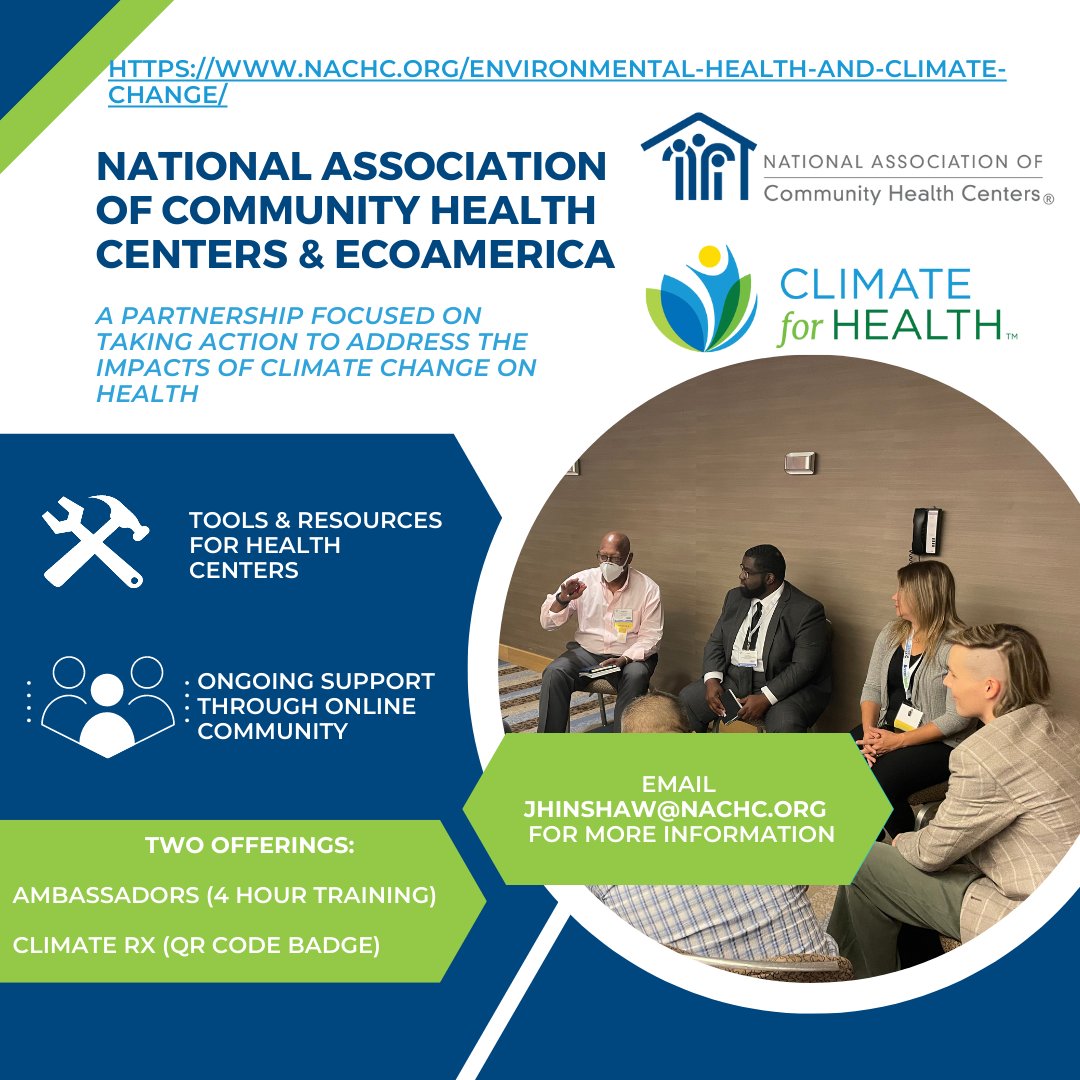 NACHC's tweet photo. 📣 We're excited to announce our partnership with @ecoAmerica! 

ecoAmerica's new "Climate for Health" Ambassador Training Program will aid healthcare professionals to communicate the impacts of climate change &amp; human health. 

Health center tools to come https://t.co/ZbWJd1Iies https://t.co/Vx7pVCjwja