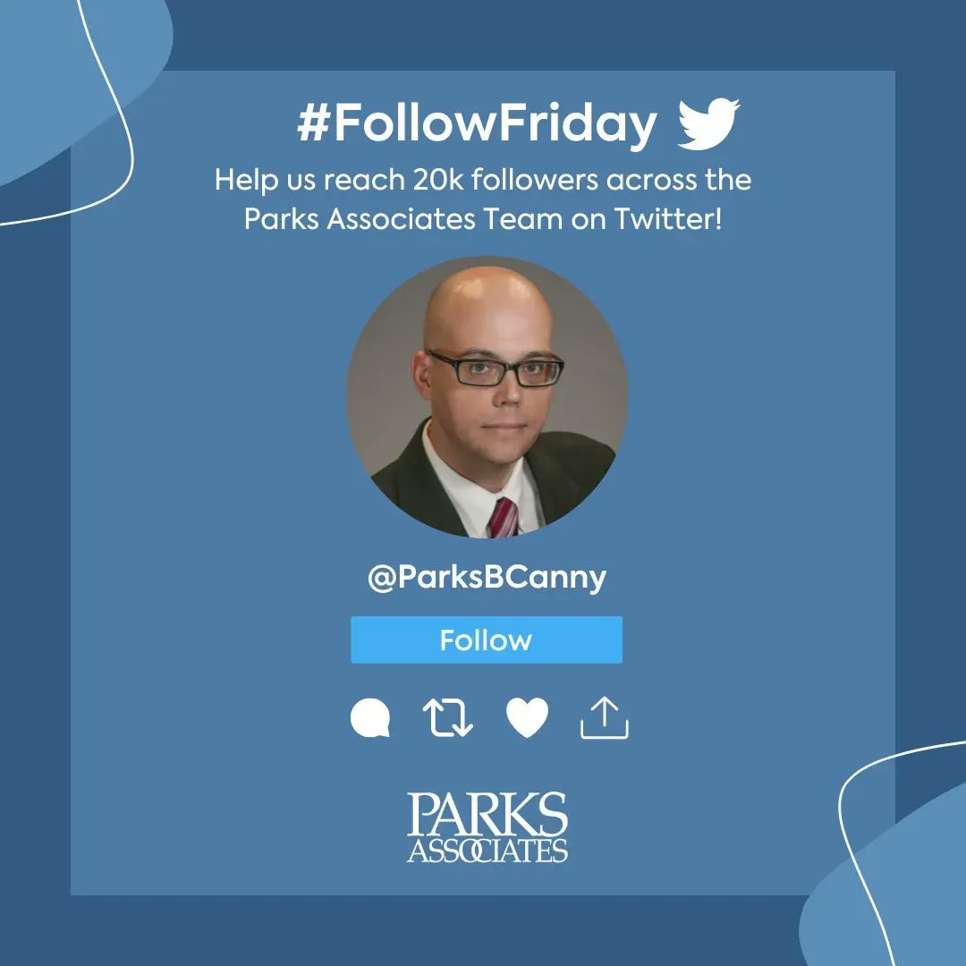 ParksAssociates's tweet photo. Happy #FollowFriday! Help us reach our goal of 20k followers across the @ParksAssociates Team on Twitter by following today’s spotlight team member @ParksBCanny!
#ParksAssociates #ParksTeam #FollowFriday https://t.co/elNbxlxYJr