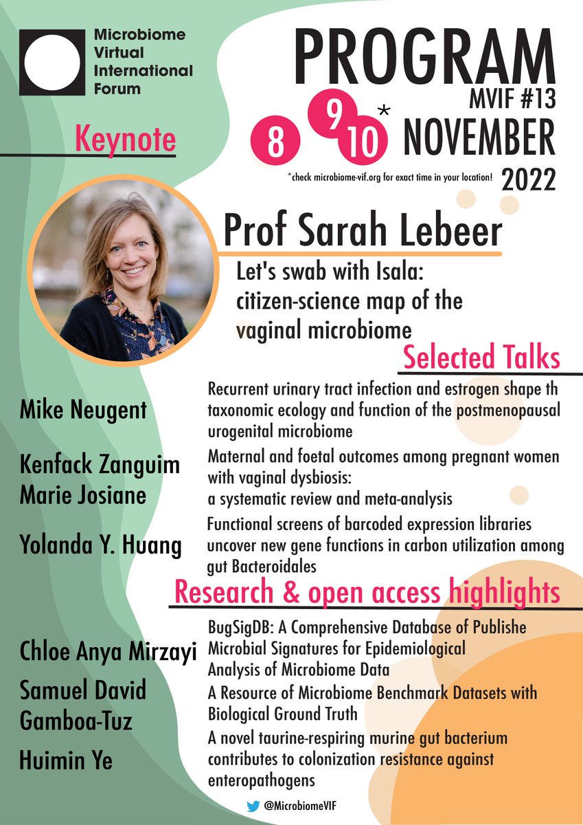Microbiome Virtual International Forum (@microbiomevif) on Twitter photo It's Monday!
...and #MVIF 13 program is out! 🤩
Looking forward to hearing all these talks!
⭐️Keynote: <a href="/SarahLebeer/">Sarah Lebeer</a>
⭐️Selected talks: <a href="/MikeNeug/">Michael Neugent PhD</a> <a href="/Josiane63293249/">Josiane emma</a> <a href="/_YHuang/">Yolanda Huang</a>
⭐️Highlights: <a href="/HuiminYe4/">Huimin Ye</a> Chloe Mirzayi
<a href="/samueldgamboa/">Samuel Gamboa</a>
Registstratino:
hopin.com/events/microbi… It's Monday!
...and #MVIF 13 program is out! 🤩
Looking forward to hearing all these talks!
⭐️Keynote: <a href="/SarahLebeer/">Sarah Lebeer</a>
⭐️Selected talks: <a href="/MikeNeug/">Michael Neugent PhD</a> <a href="/Josiane63293249/">Josiane emma</a> <a href="/_YHuang/">Yolanda Huang</a>
⭐️Highlights: <a href="/HuiminYe4/">Huimin Ye</a> Chloe Mirzayi
<a href="/samueldgamboa/">Samuel Gamboa</a>
Registstratino:
hopin.com/events/microbi…