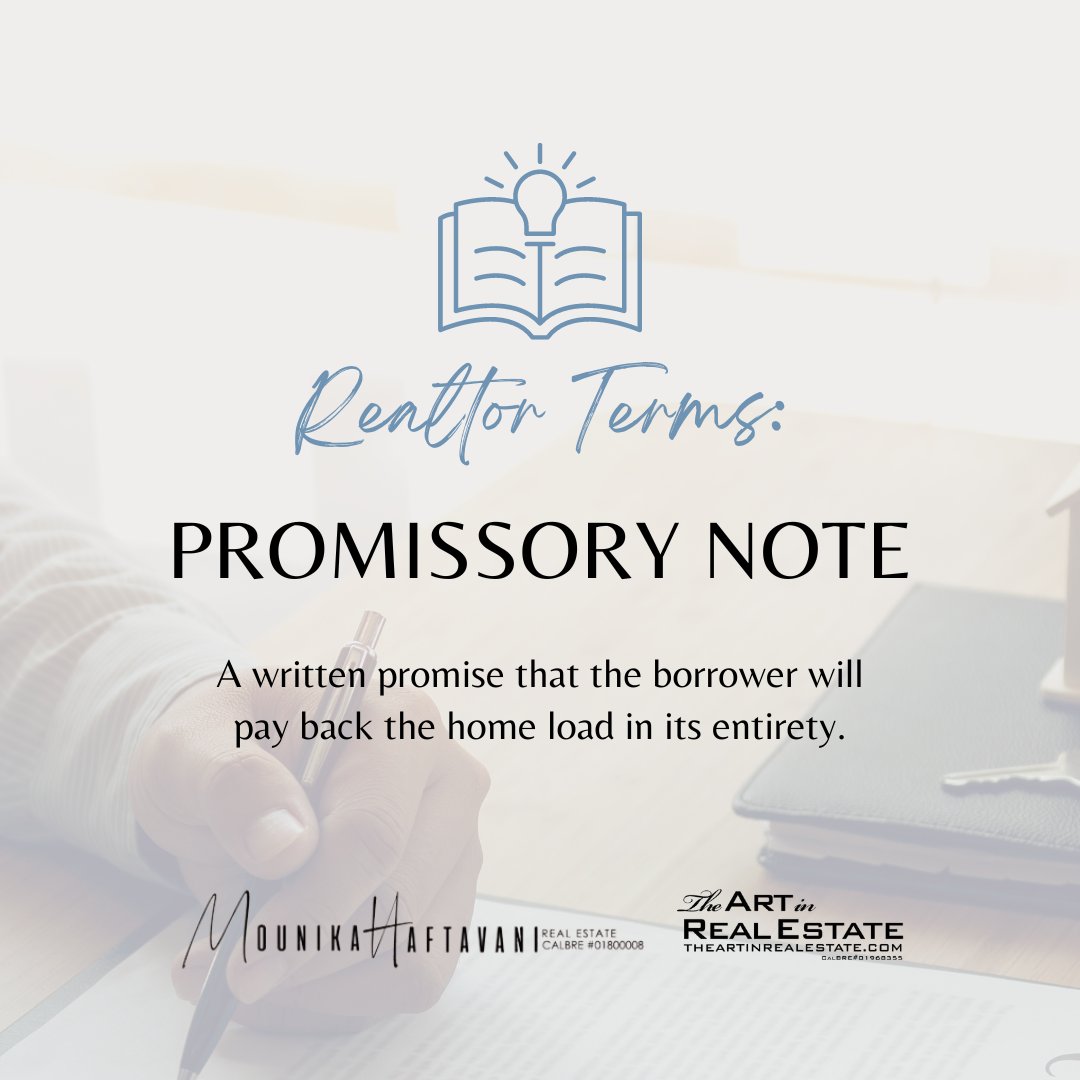 MounikaRealtor's tweet photo. ✨Promissory Note✨

A written promise that the borrower will pay back the home load in its entirety.

👩🏼‍💼 Licensed Real Estate Agent
🔎 CalDRE #01800008
🏡 The Art in Real Estate
📱 818-437-3308

#MounikaHaftavani https://t.co/7JW5c4IZkG