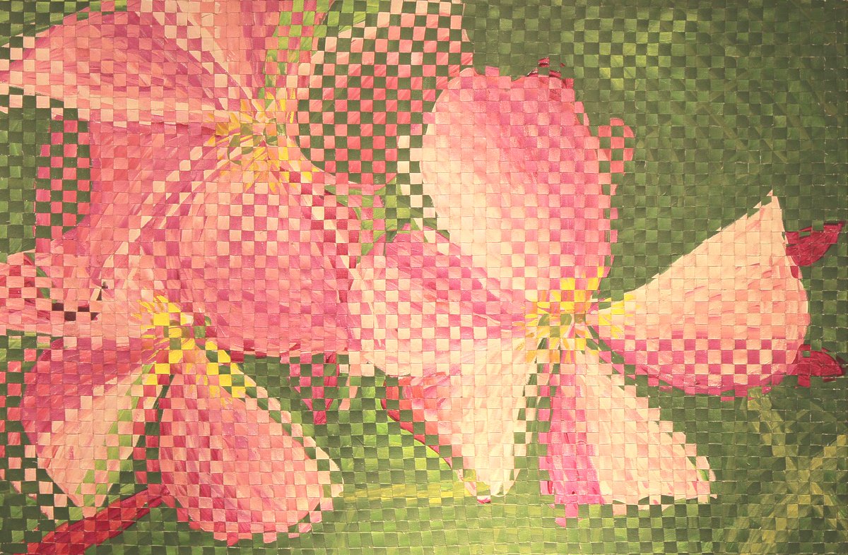 #ArtoftheDay: Fiberarts Guild of Pittsburgh Membership Exhibition
"Frangipani" by Hope Gelfanf Alcorn (Acrylic on Canvas, Cut &amp; Woven, $1850) is currently on view in our gallery
