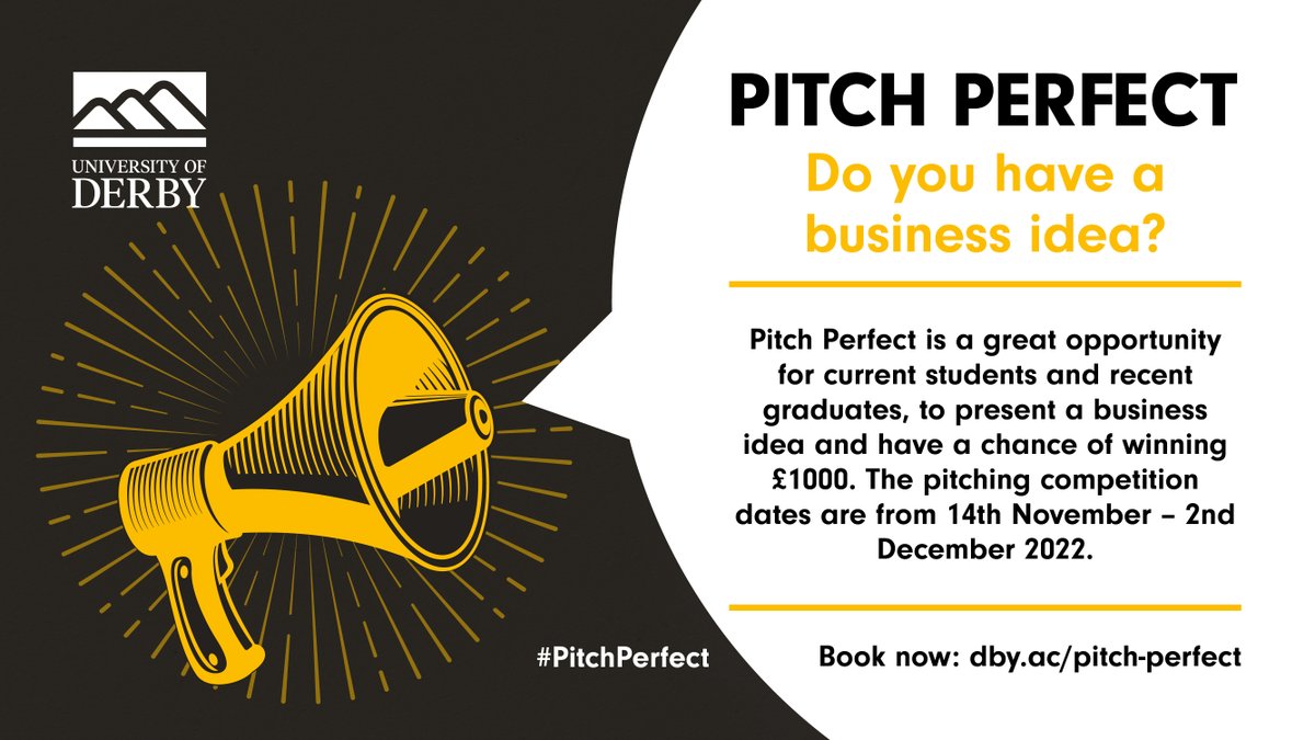 Have you ever had a business idea but never pursued it? Well, now's your chance to pitch your business idea to a panel of experts and be in with a chance of winning £1000. Find out more: dby.ac/pitch-perfect @DerbyUni @derbyunistudent @DerbyUniEnt #PitchPerfect