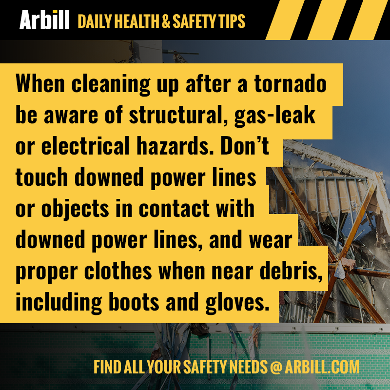 Arbillsafety's tweet photo. Safety Tip: When cleaning up after a tornado be aware of structural, gas-leak or electrical hazards. 

#DisasterCleanup #NaturalDisaster #Tornado #Safety #SafetyTip #WorkplaceSafety #SaferEveryDay https://t.co/nhv3Ig33zA