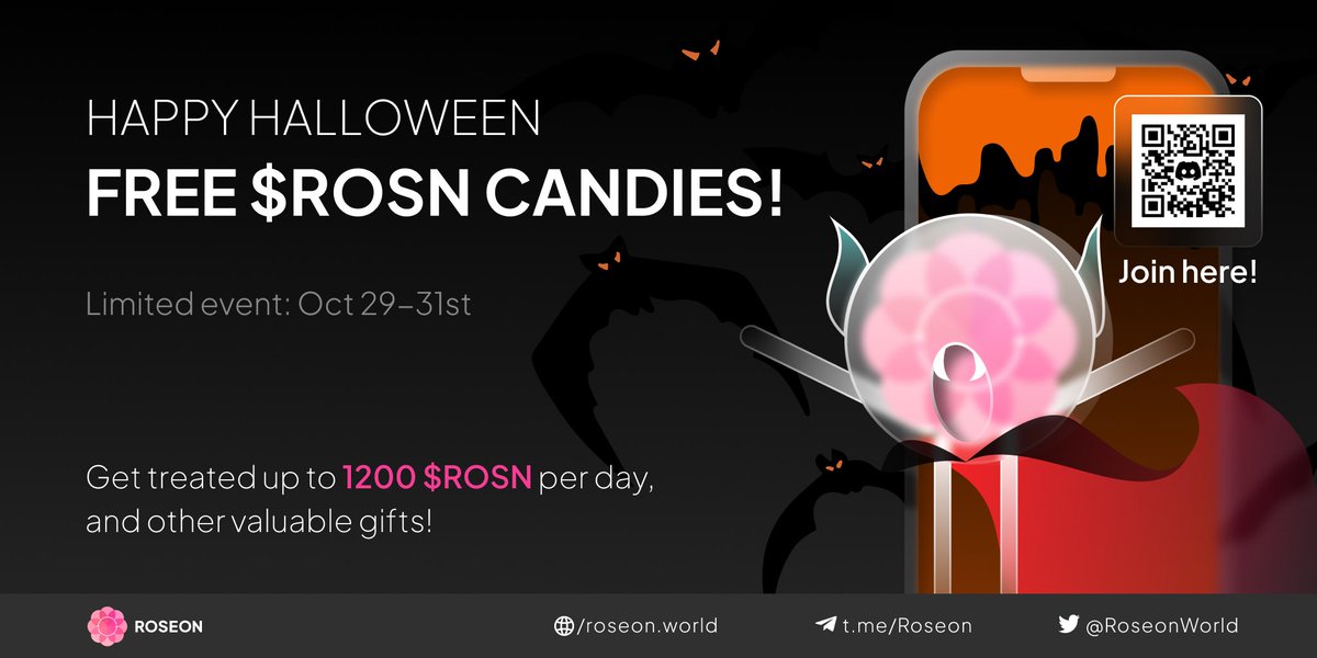 TRICK or TREAT! EARN $ROSN CANDIES Let’s celebrate Halloween with Roseon. Log in Discord daily to earn free $ROSN Use !treatortreat claim random rewards. Unlimited claims, 1 claim/ 2 hours. Details: t.me/Roseon/464137 #Roseon $ROSN #FreeToEarn #DeFi #crypto #metaverse