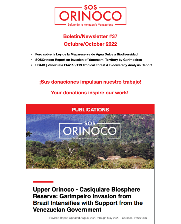 SOSOrinoco's tweet photo. Boletín/Newsletter Oct 2022 - Informes nuevos de @USAID @SOSOrinoco, video de mina nueva de #orodesangre en #Canaima, y mucho más!

New reports by @USAID @SOSOrinoco on #garimpeiro invasion, video of new #gold mine in #Canaima, plus much more! https://t.co/BiUre0l27C https://t.co/jVcZiwFzPU