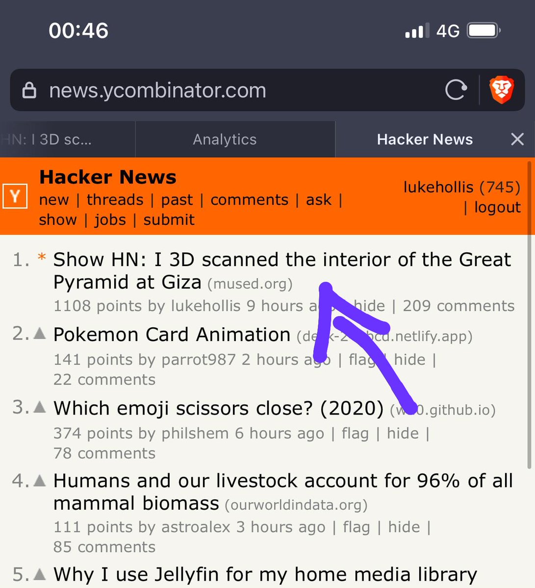 Crossed 'get to top of @hackernews' off the bucket list. Wow, thanks everyone for the response, and I never imagined the Great Pyramid guided tour would be received so well. 

Digitization is important for preservation, conservation & site education in #Heritage #MuseTech #GLAM3d