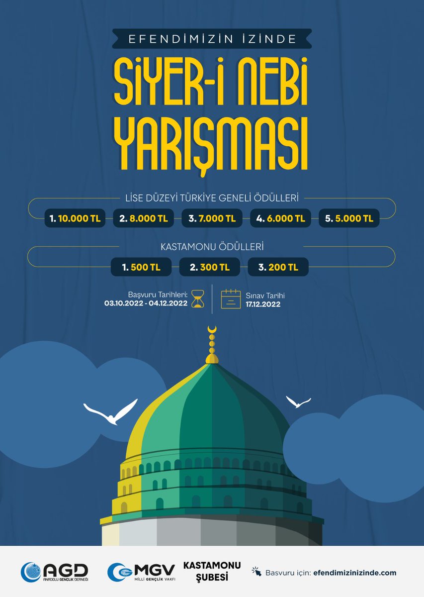 kastamonu_agd's tweet image. 📍Gençler Efendimizin İzinde Siyer-İ Nebi Yarışması(Liseler Düzeyi)
🗓 Başvuru Tarihleri : 3 Ekim - 4 Aralık 2022
✒ Sınav Tarihi: 17 Aralık 2022

Efendimizinizinde.com 🖱
#AhlakveManeviyat