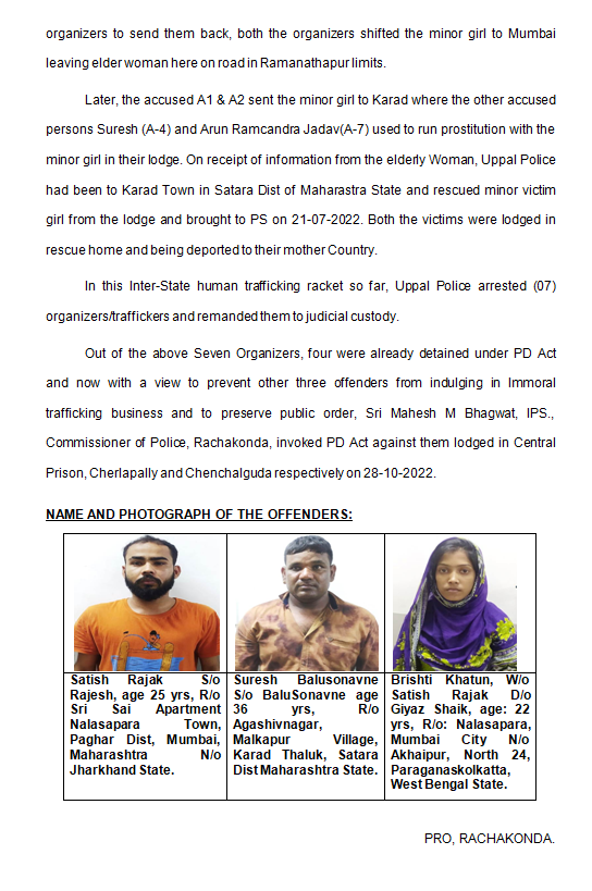 MalkajgiriCop's tweet photo. Three #Inter_State habitual #HumanTrafficking offenders have been detained under #PD_Act by #CP_Rachakonda Sri. #Mahesh_Bhagwat_IPS., On 28-10-2022.
@TelanganaCOPs @DCPLBNagar @DcpMalkajgiri @DcpBhongir https://t.co/bBwcoRTpWF