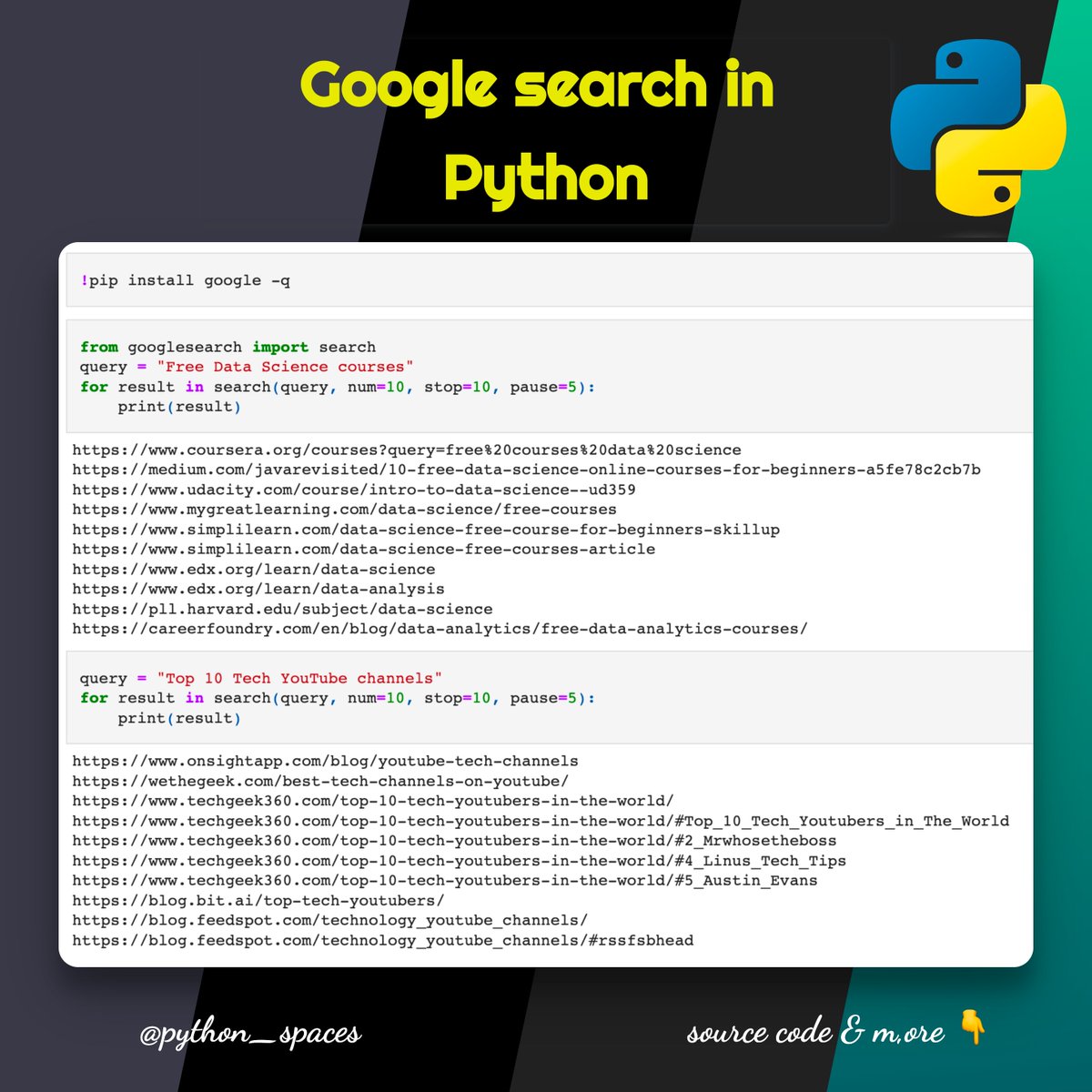 python_spaces's tweet image. Do you know you can do Google search from Python?
Check out this example 👇
A Thread 🧵👇