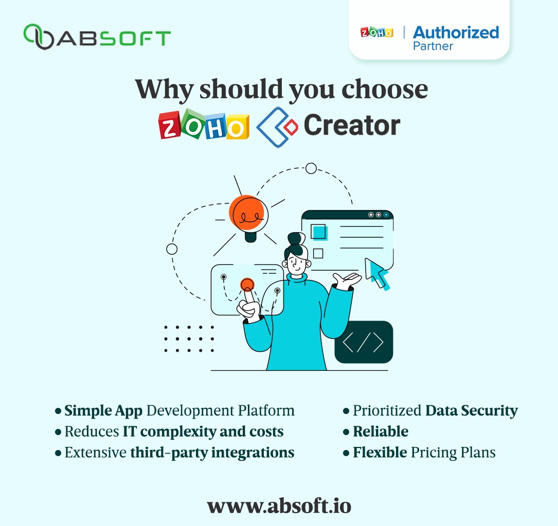 Absoft_IT's tweet image. Zoho Creator is actually a low-code app development platform that enables users to create custom apps on their own, with minimal coding experiences.

For more information visit: absoft.io

#absoft #absoftsolutions #lowcode #zohocreator #Code #zohobusiness #zohoteam