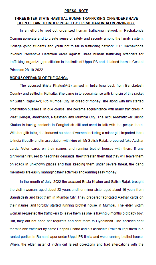 MalkajgiriCop's tweet photo. Three #Inter_State habitual #HumanTrafficking offenders have been detained under #PD_Act by #CP_Rachakonda Sri. #Mahesh_Bhagwat_IPS., On 28-10-2022.
@TelanganaCOPs @DCPLBNagar @DcpMalkajgiri @DcpBhongir https://t.co/bBwcoRTpWF
