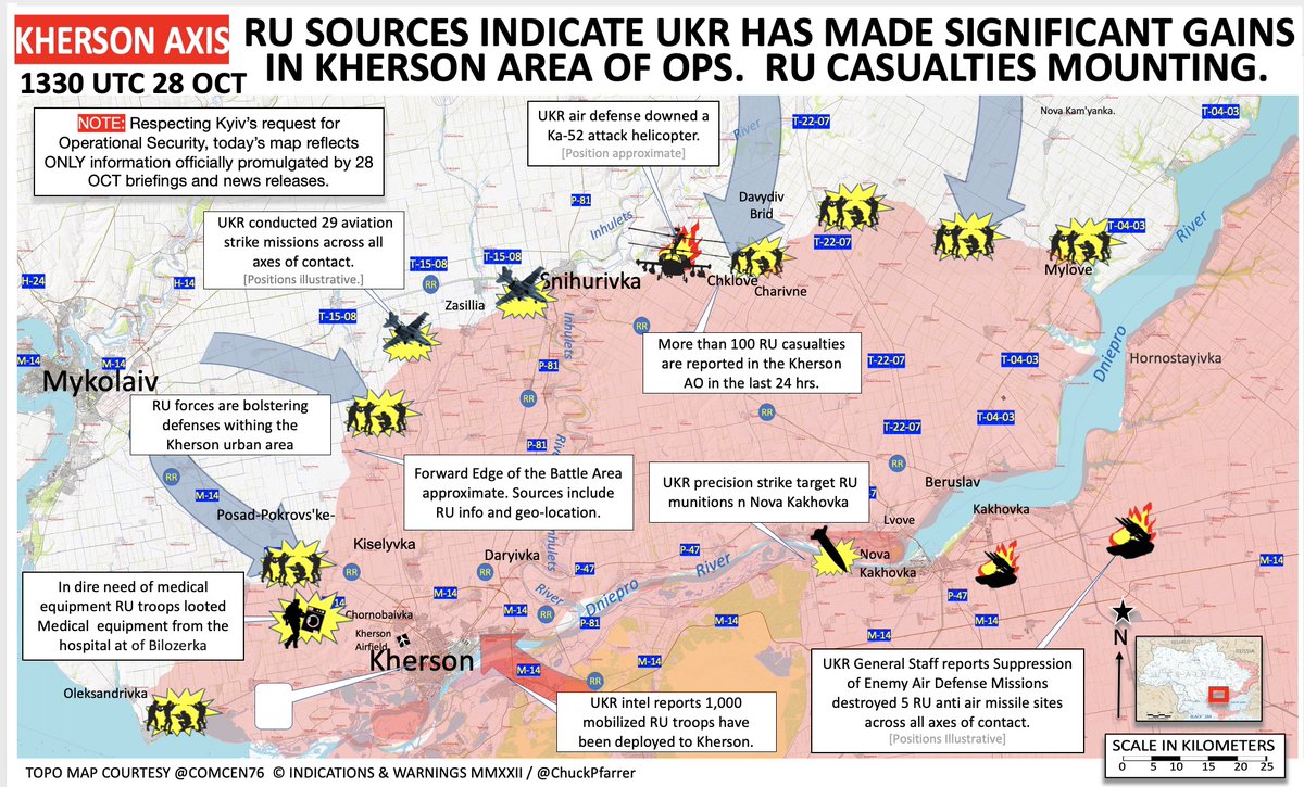 KHERSON/1340 UTC 28 OCT/ RU sources and geolocation data indicate that UKR forces have registered advances in Kherson AO.  Forward Edge of Battle Area is approximate.