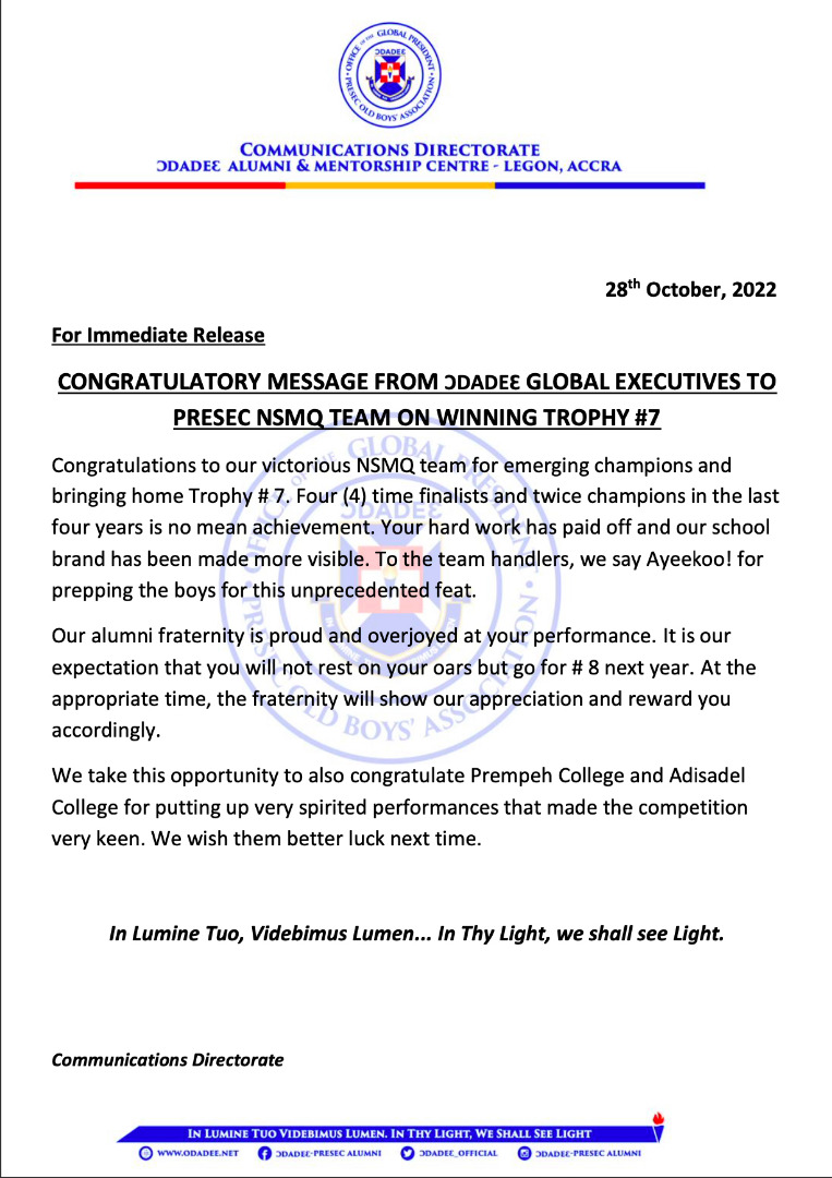 Odadee_Official's tweet photo. CONGRATULATORY MESSAGE FROM ƆDADEƐ GLOBAL EXECUTIVES TO PRESEC NSMQ TEAM ON WINNING TROPHY #7
#Odadee4Life
#PRESEC
#7IsHere
#NSMQ https://t.co/TGxajigjpX