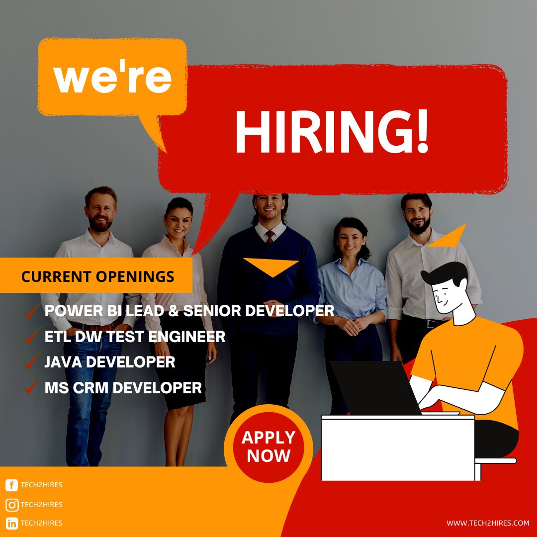 Tech2hires's tweet image. Power BI Lead &amp;amp; Senior Developer ( 7 to 13 years)
DW &amp;amp; ETL Test Engineer ( 3 to 6 years)
Java Developer ( 3 to 6 years)
MS CRM Developer ( 4 to 7 years)

Kindly share your resume onto jobs@tech2hires.com

#jobs  #hyderabadjobs #career #tech2hires #hiring #recruitment #recruitment