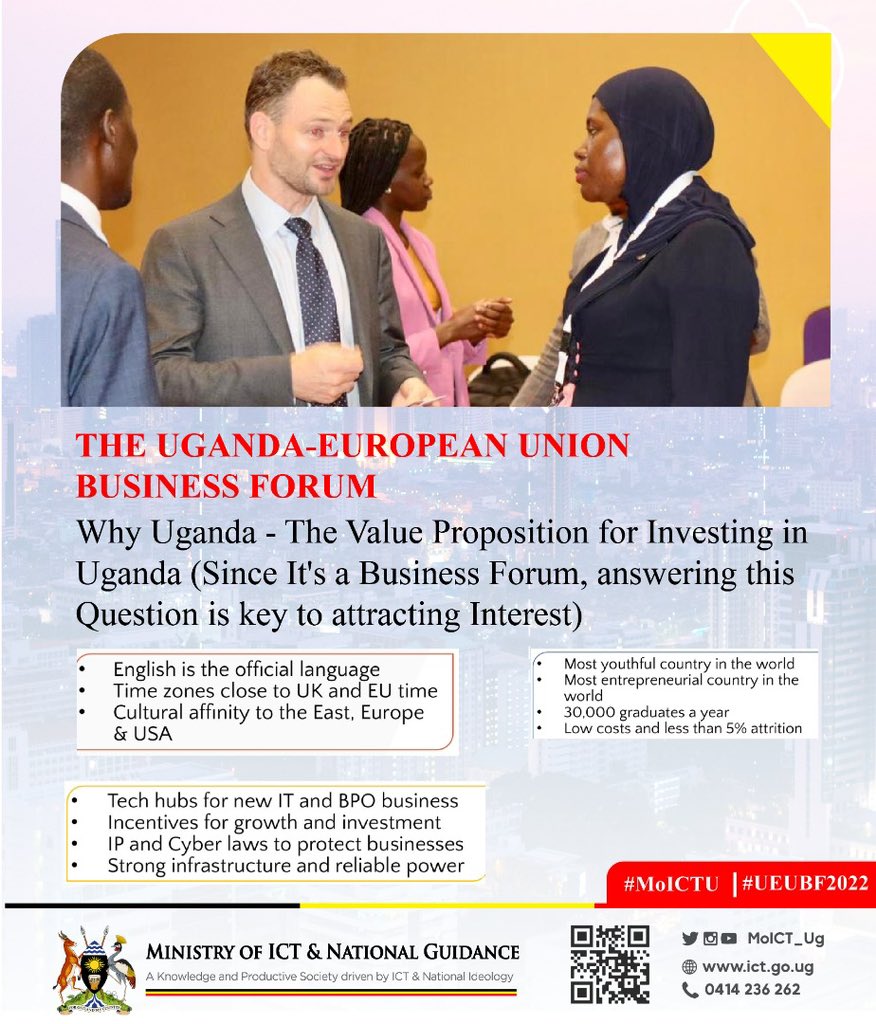 Forum will be the showcase of at least 50 bankable projects from the Ugandan private sector and a dozen high-ticket public projects. #UEUBF2022 #MoICTUG
