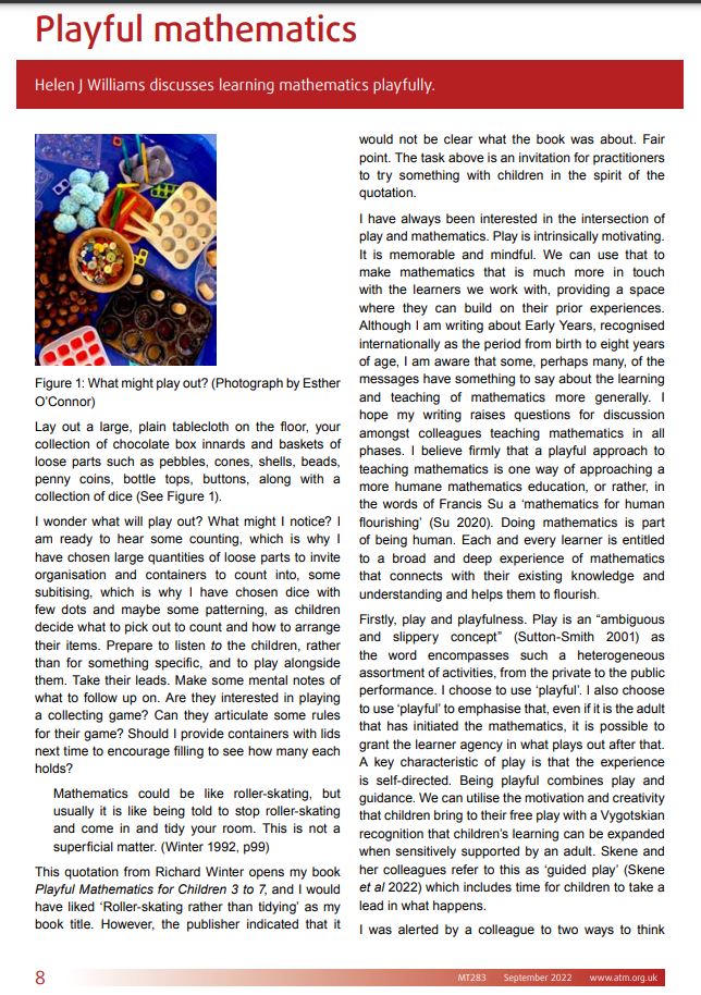 Listen to the latest Mathematics Teaching podcast atm.org.uk/Podcasts where @helenjwc speaks with @journaleditor6 (Tony Cotton) about her award winning book Playful Mathematics, taken from the latest Journal MT282. Read the full article at bit.ly/3CrRty0