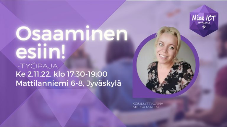 MilsaMalin's tweet image. Sormi suussa oman osaamisen sanoittamisen, esiin tuomisen ja kehittämisen kanssa?

Tule keskiviikkona 2.11 @NiceICTJKL:n kanssa toteuttamaani työpajaan ottamaan homma haltuun!💪

Tapahtuma livenä #Jyväskylä'ssä, ilmoittaudu:
tiviakeskisuomi.fi/2022/10/24/nic…

#NiceICT @TIVIAKeskiSuomi