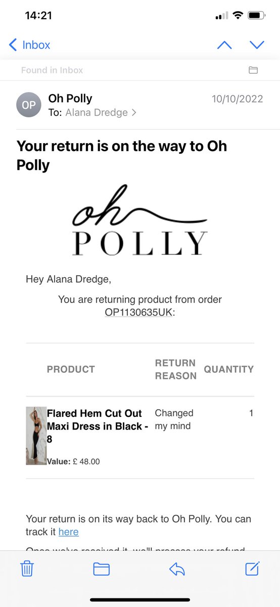alanadredge's tweet photo. @ohpollyhelp hello, I returned this order on 10th Oct (nearly 3 weeks ago) and I still haven’t received a refund. Thanks https://t.co/yPWUPYXHHh