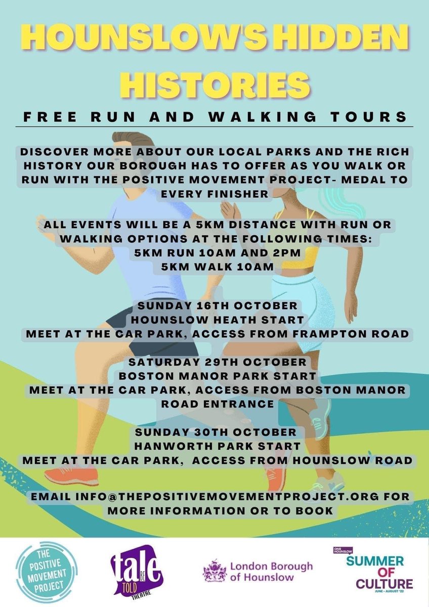 Our FREE Hounslow’s Hidden Histories tours are this weekend. We are at Boston Manor Park on Sat & Hanworth Park on Sunday. Walk or run option at 10am at both venues & then a run option at 2pm, all participants receive a medal for taking part. So come along & get moving together