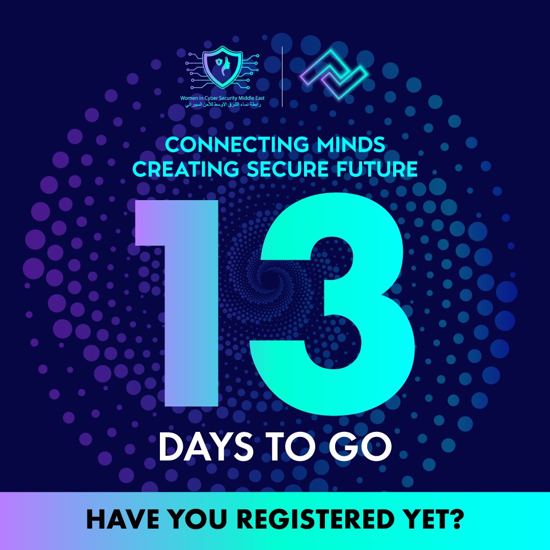 WiCSME's tweet photo. 📣⚠️⏳ REMINDER ALERT⏳⚠️📣
💫🛡️💫 Connecting #Minds .... Creating Secure #Future 💫🛡️💫
Only 13 Days left to Our 3rd #WiCSME Annual Conference Chaired by @q8thunders & Deputy Chair Priyanka Chatterjee, #Founding_Partners and #Board_members of Women in CS Middle East 🌟🛡️🌟 https://t.co/PAUWyPDiZX