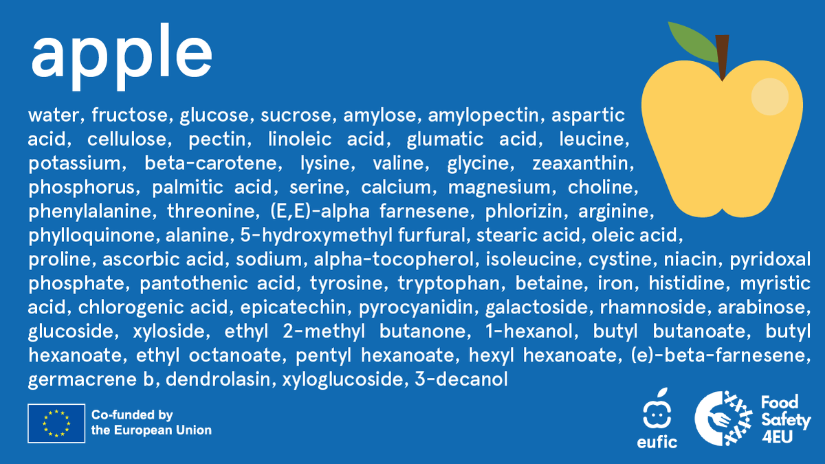 EUFIC's tweet photo. Ever seen 'chemical-free' food? Well, this claim is pretty misleading! 😯

Whether it's an apple or a candy bar, all food is full of #chemicals! Any food can be broken down into a long list of foreign ingredients. That might seem scary, but it doesn't mean it's harmful! 🙅 @fs4eu https://t.co/ckTCll3IFn
