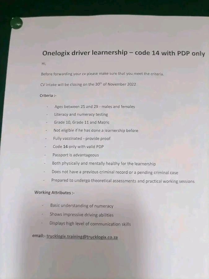 📌 Onelogix Driver Learnership - Code 14 with PDP only

CV intake will be closing on the 30th November 2022
Email :  trucklogix.training@trucklogic.co.za
#JobsSeekersSA #jobs #vacancy
#ELONMUSK #dogecoin #JHOPE