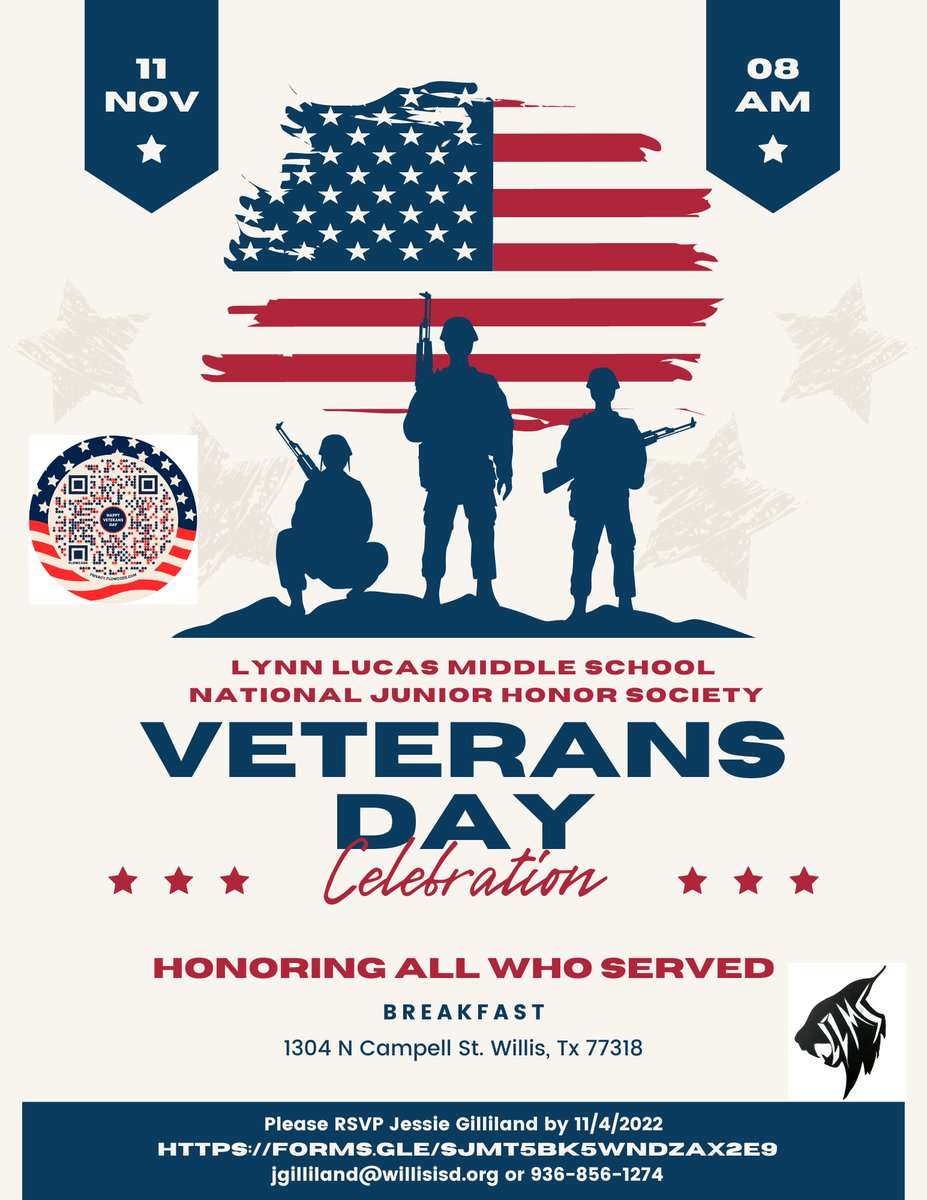 Lynn Lucas Middle School NJHS (@wisd_llms_njhs) on Twitter photo The Lynn Lucas National Junior Honor Society is hosting a breakfast to honor those who have served in our community! Please if you or someone you know is a Veteran and would like to attend to fill out the Google Form no later than 11/4/22. We thank you for your service! <a href="/LLMSLynx/">Lucas Middle School</a> The Lynn Lucas National Junior Honor Society is hosting a breakfast to honor those who have served in our community! Please if you or someone you know is a Veteran and would like to attend to fill out the Google Form no later than 11/4/22. We thank you for your service! <a href="/LLMSLynx/">Lucas Middle School</a>