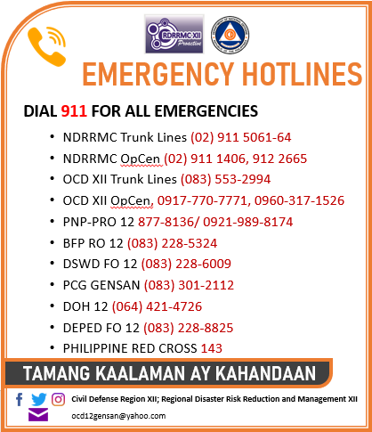 CivilDefenseR12's tweet photo. PUBLIC ADVISORY!

Narito ang ilang mga emergency hotlines na maaaring tawagan para sa rescue assistance. Mag-ingat po tayong lahat!

#OCD12 #PaengPH #RescuePH #LagingHandaPH https://t.co/q4lw7eJM6z