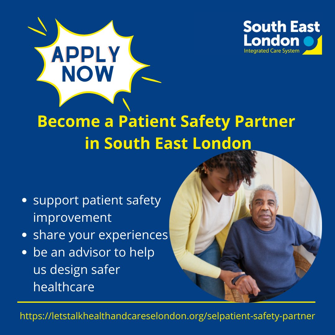 Still time for you to apply and become a Patient Safety Partner in #SouthEastLondon! Join us and support patient safety improvement in health and care provisions across south east London. For more information and how you can apply: letstalkhealthandcareselondon.org/selpatient-saf…