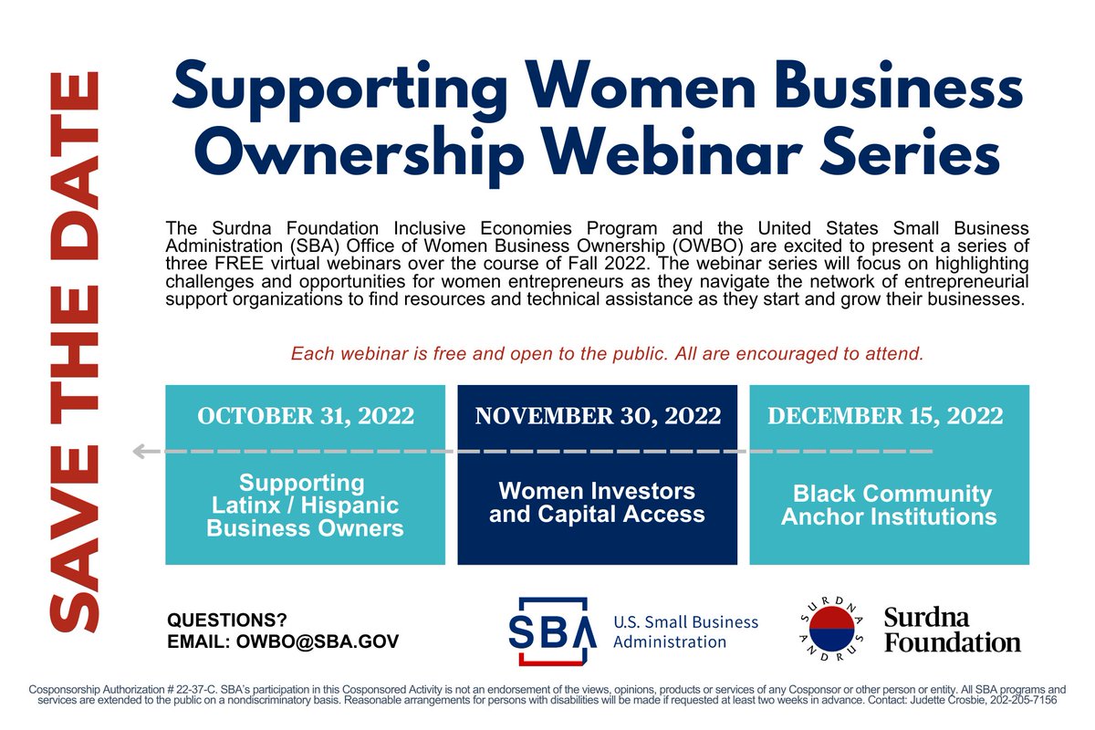 We’re proud to partner w/ <a href="/SBAgov/">SBA</a>’s Office of Women’s Business Ownership on a #WomenEntrepreneur webinar series.

⚡️Kicking off THIS Monday, 10/31 at 1PM EST with a panel on supporting Hispanic/Latinx women’s businesses.

Learn more &amp; register to join us: surdna.org/news-insights/…