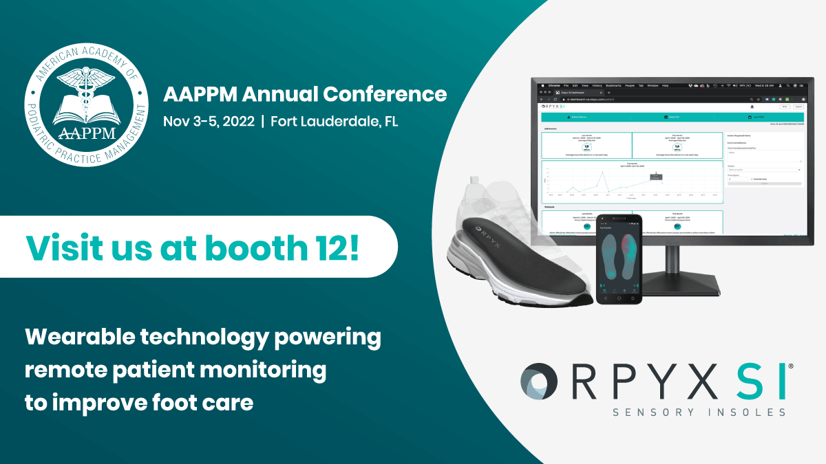 orpyxinc's tweet photo. Heading to AAPPM’s Annual Conference next week? Stop by booth 12 to meet the Orpyx team and learn about our digital therapeutics offering with #RPM. Transform #footcare with real-world plantar pressure, adherence, step count, and temperature data to help prevent #DFUs. https://t.co/E7HEbiT58h