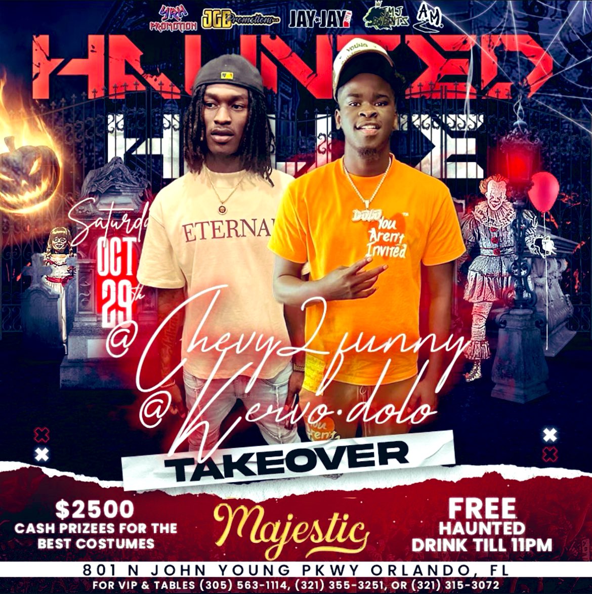junior_profO's tweet photo. 🚨Halloween is here!!😱
Celebs✅
Bottles✅
Tables✅
$2500 💰costume contest well you gotta come to get that check cause it’s calling☎️😎
Food &amp; Drink specials on-site 
Come to the littest costume party in Orlando @ Majestic Event Center 
Saturday October 29th
Doors: 9-3am https://t.co/Id6XmHkA1Y